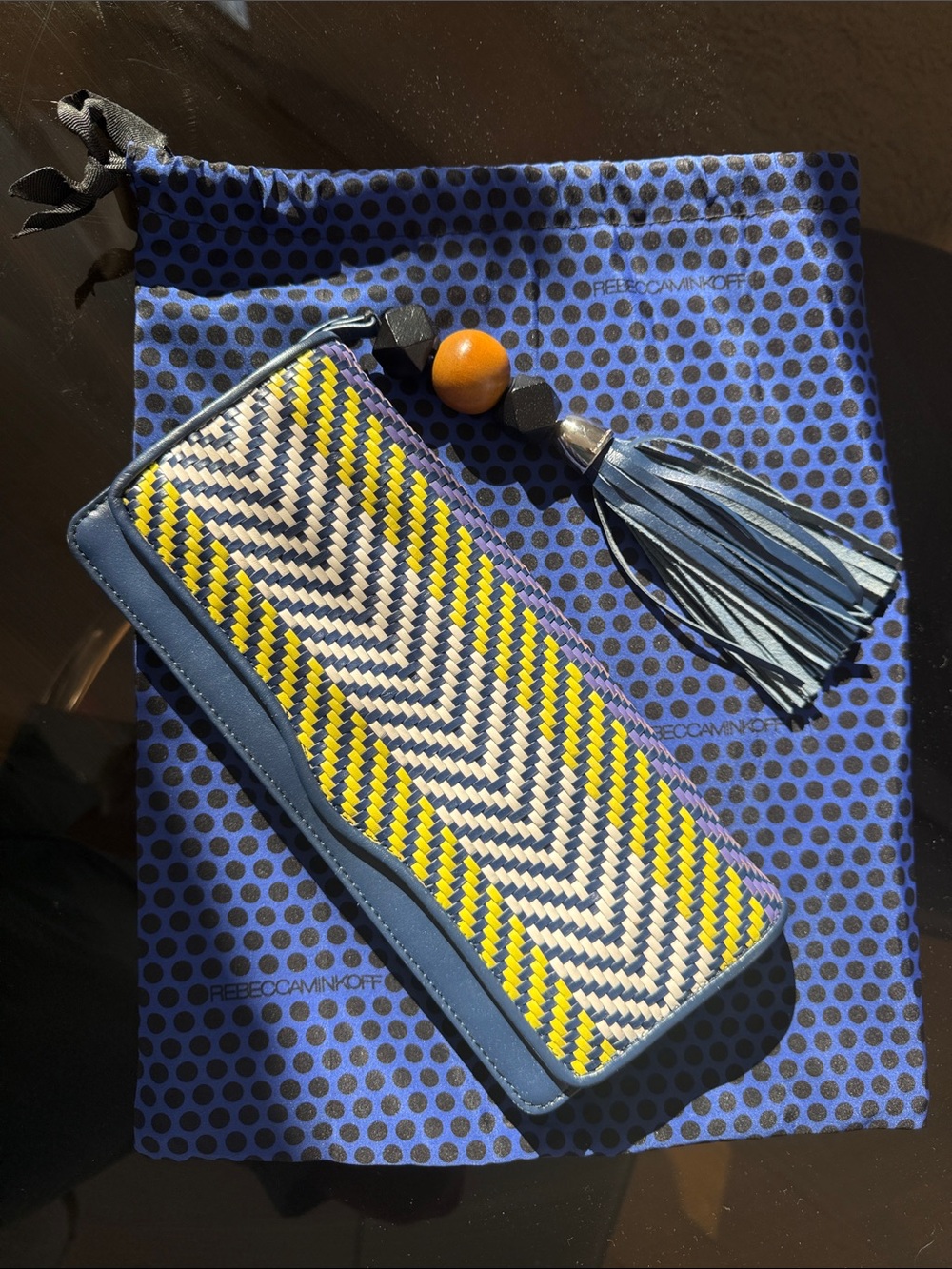 Rebecca Minkoff Blue, Yellow & Cream Chevron Zip Clutch/Wallet with Tassel